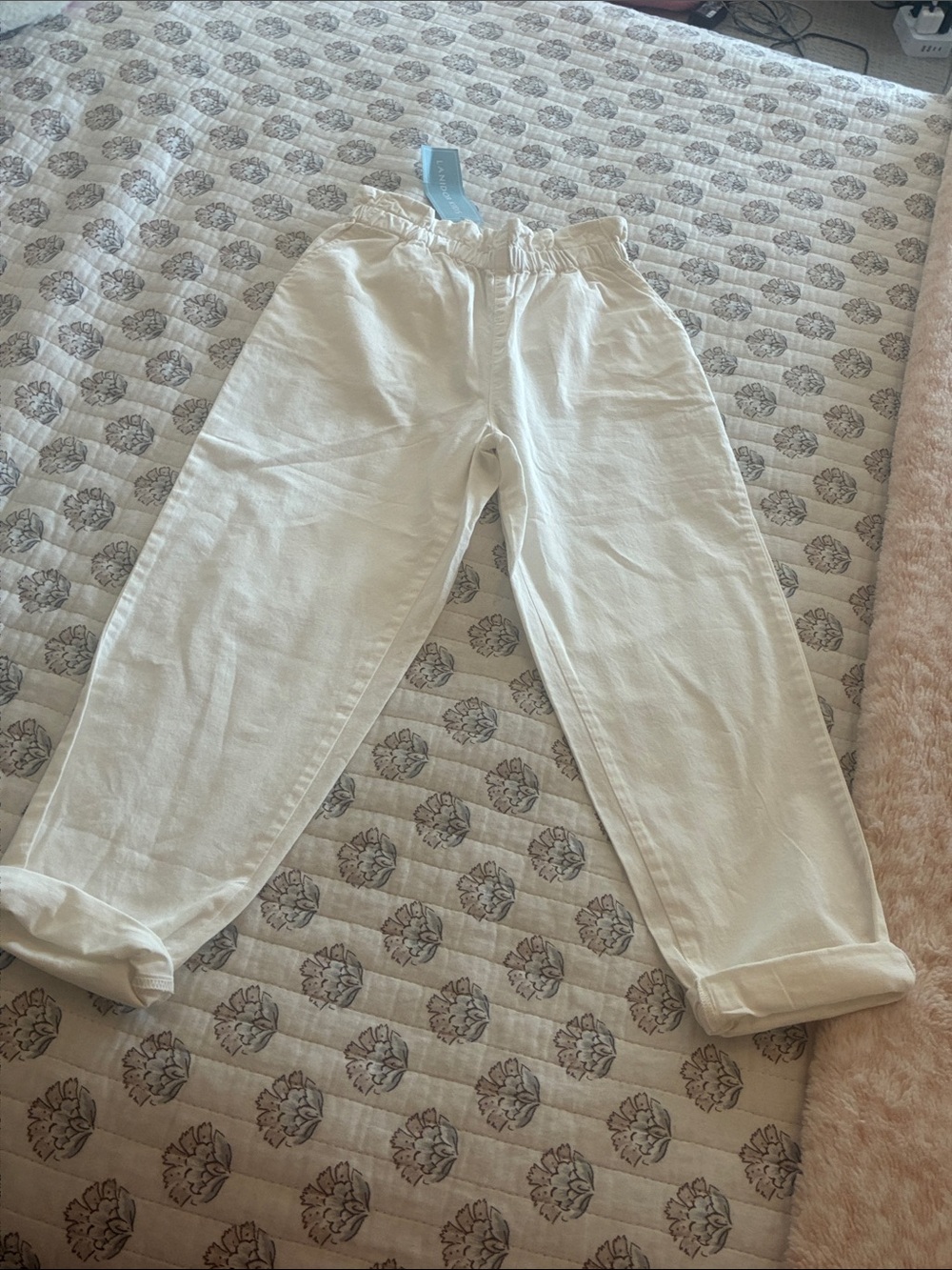 Casual White Elastic-Waist Linen Blend Pants